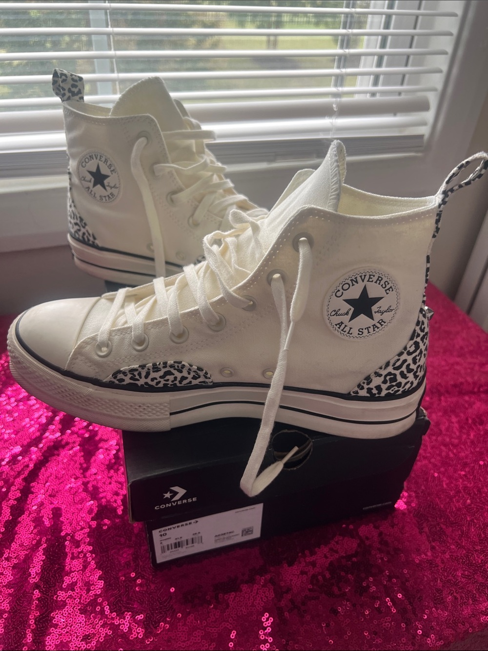Converse High Top Sneakers in White with Black Leopard Accents
